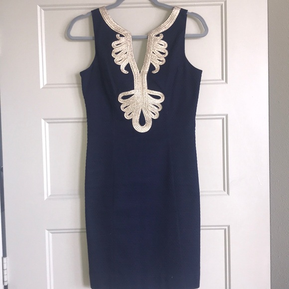 Lily Pulitzer Navy Blue and Gold Shift Dress - Picture 2 of 5